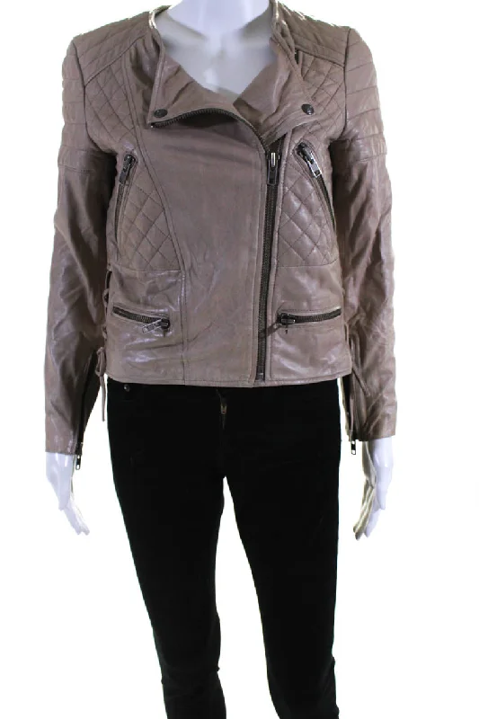 The Kooples Womens Front Zip Collarless Quilted Leather Jacket Brown