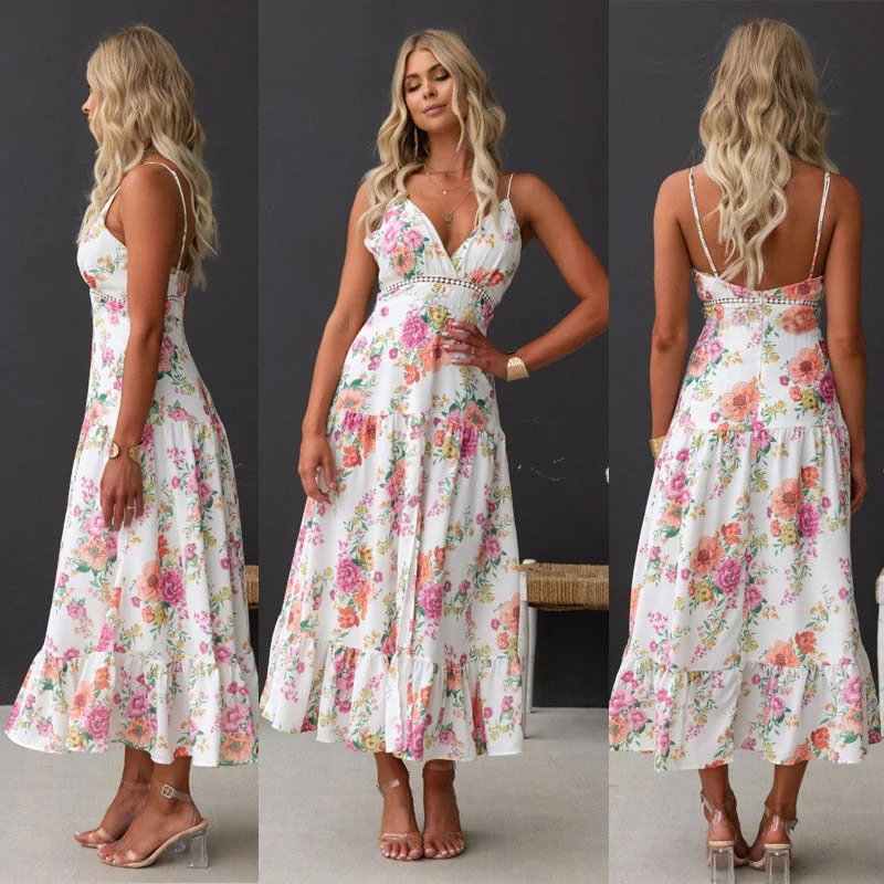 Women's Printed Suspender Slit DressRain Dress